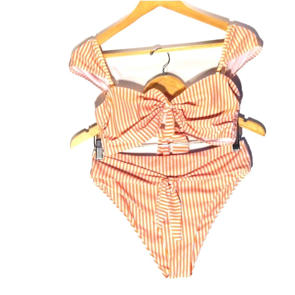 Women Bikini Orange White Striped Ruffled  Bandeau Top  Highwaisted Bottoms SZ S
